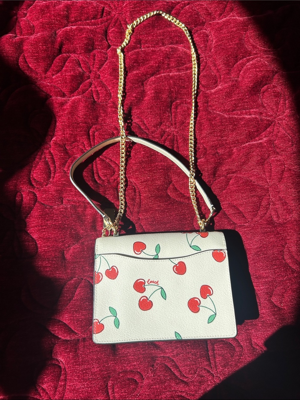 Coach Mini Klaire Cream Cherry-Print Leather Crossbody with Gold Chain - Picture 2 of 4